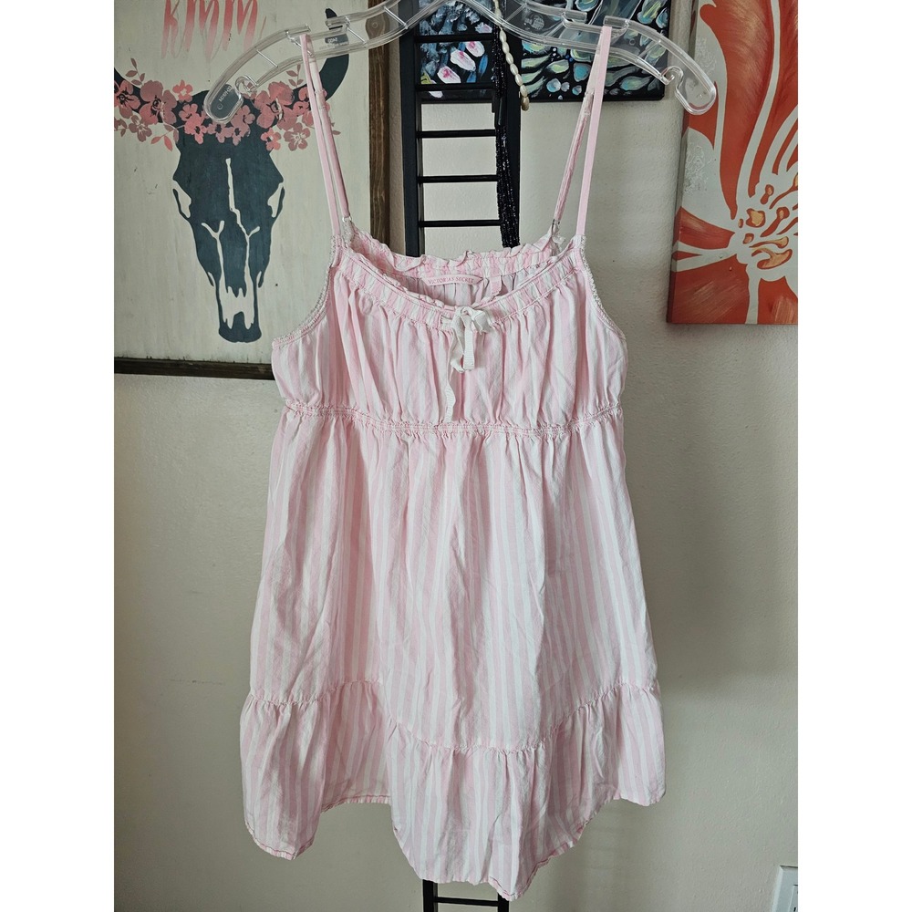 Victoria's Secret Pink White Striped Babydoll Cami Dress Ruffle Tiered Medium